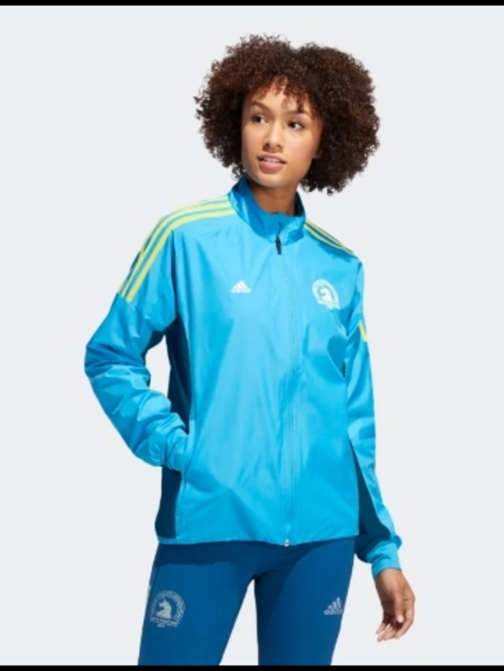 adidas Women’s Bright Blue Boston 2019 Marathon Jacket with Neon Yellow Stripes